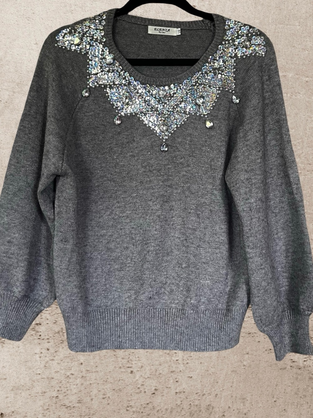 ELENZA Gray Embellished Crewneck Sweater Rhinestone Sequin Jewel Neck
